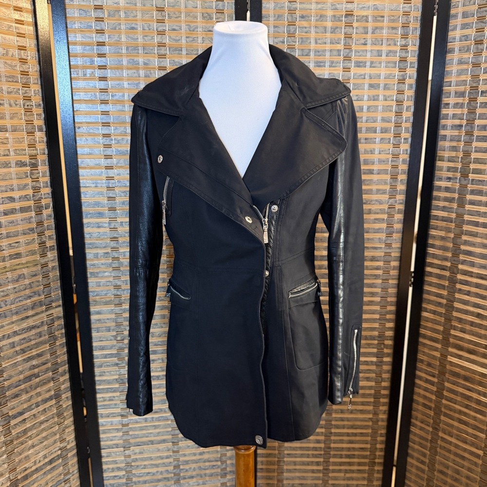 Dawn Levy Moto Jacket Women Medium Black Leather Asymmetric Zip Hood